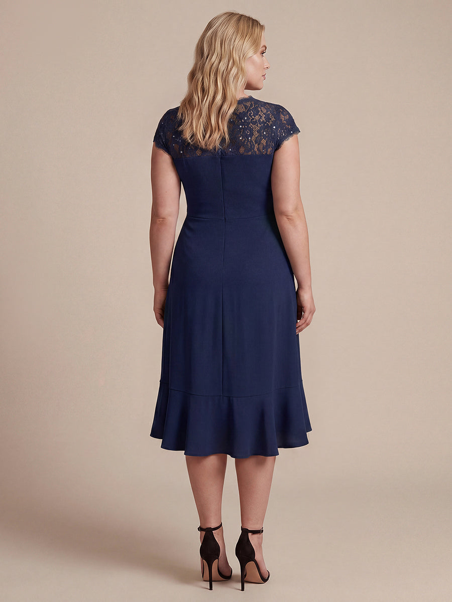 Plus Size Lace Cap Sleeve Wedding Guest Dress #color_Navy Blue
