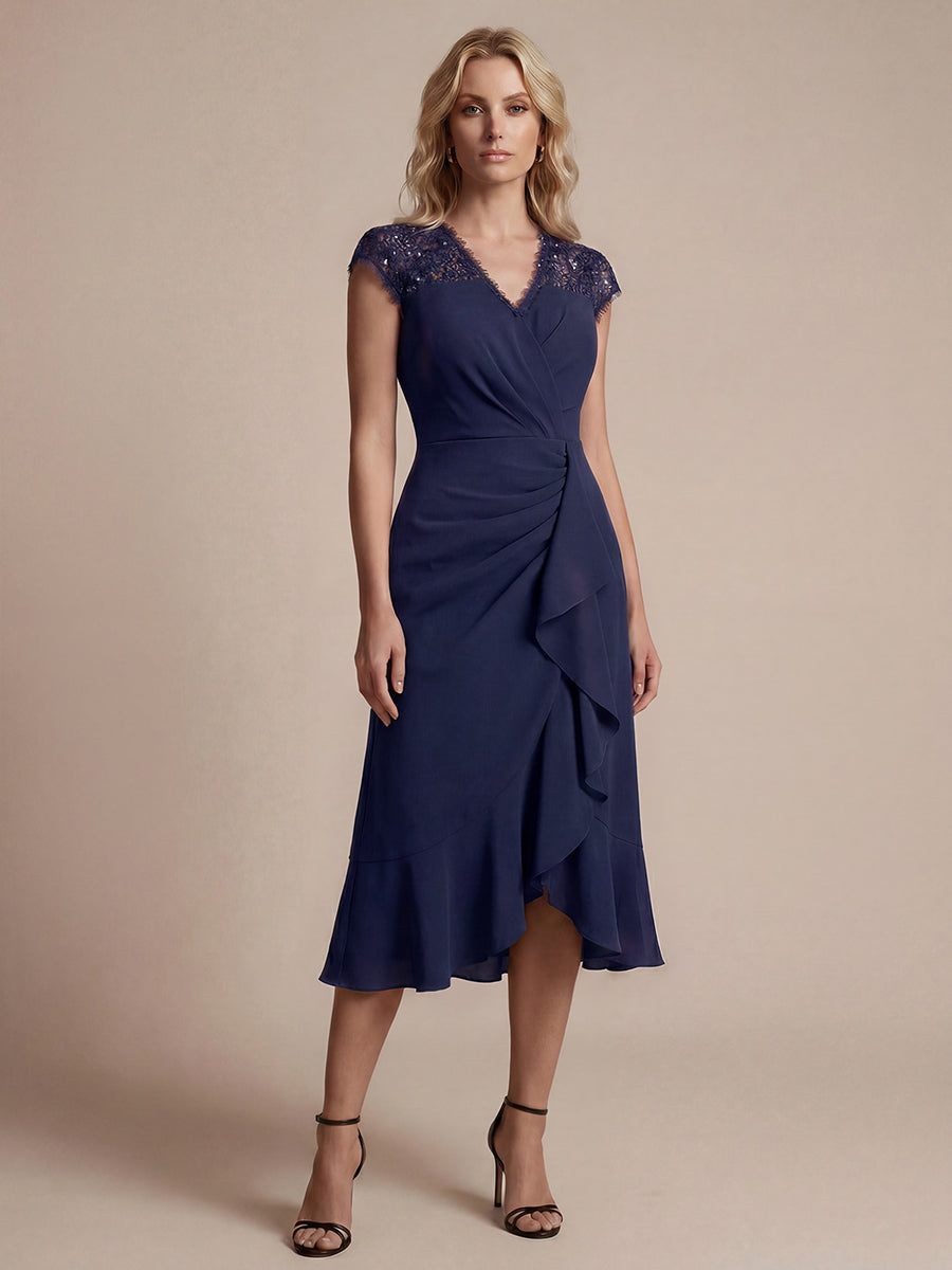 Lace Cap Sleeve Mermaid Wedding Guest Dress #color_Navy Blue