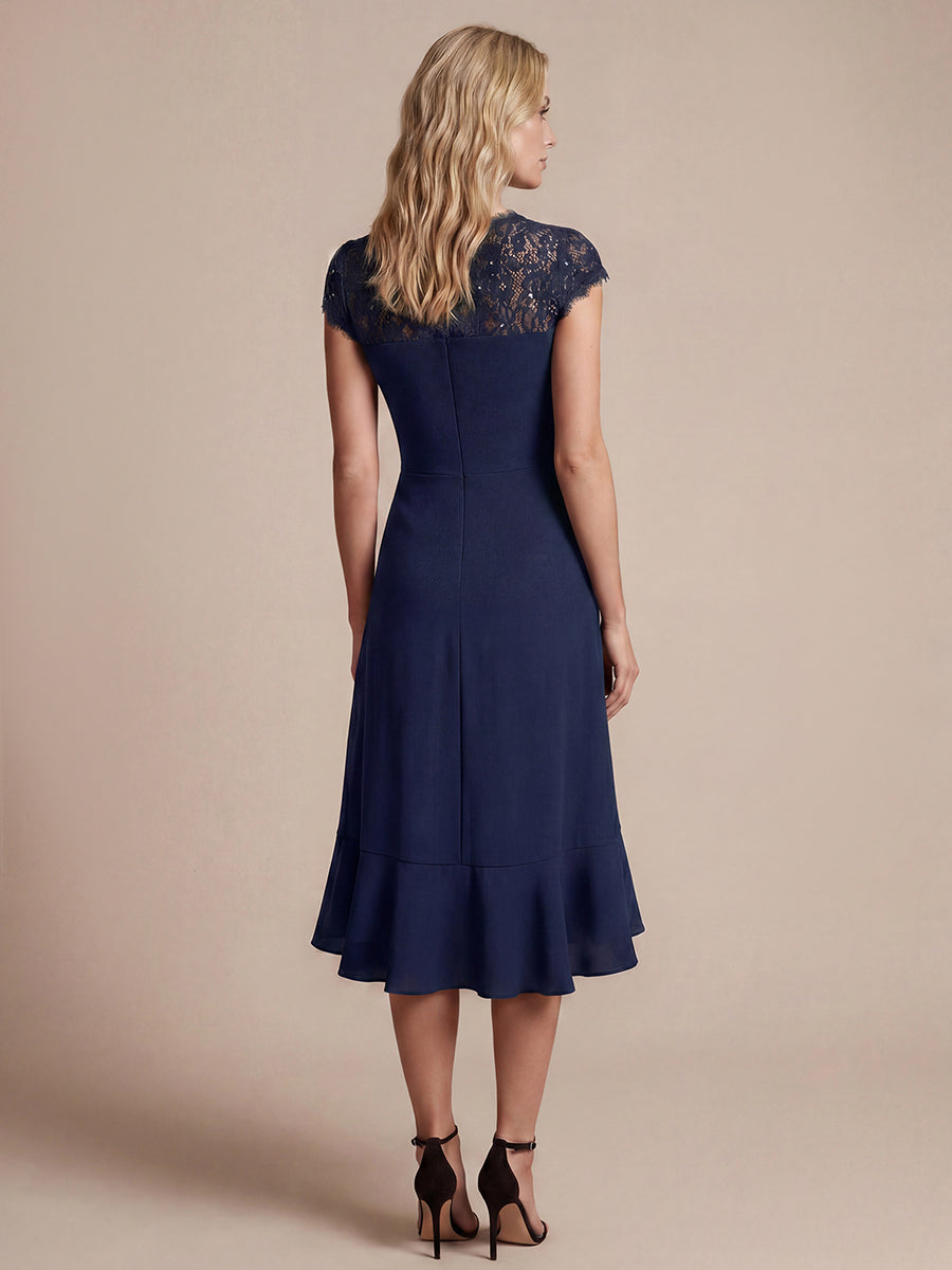 Lace Cap Sleeve Mermaid Wedding Guest Dress #color_Navy Blue