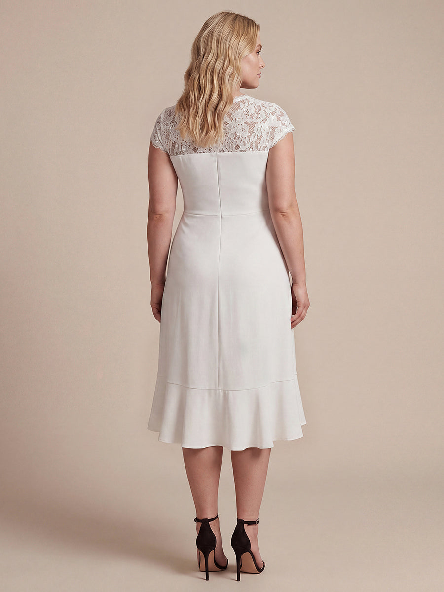 Lace Cap Sleeve Mermaid Wedding Guest Dress #color_White