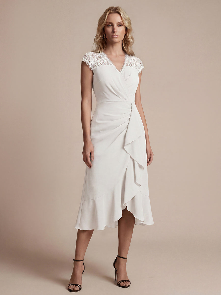 Lace Cap Sleeve Mermaid Wedding Guest Dress #color_White