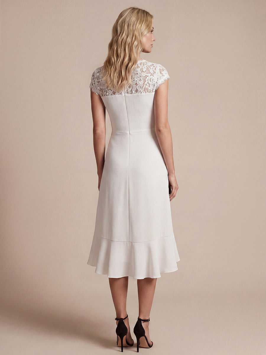 Lace Cap Sleeve Mermaid Wedding Guest Dress #color_White