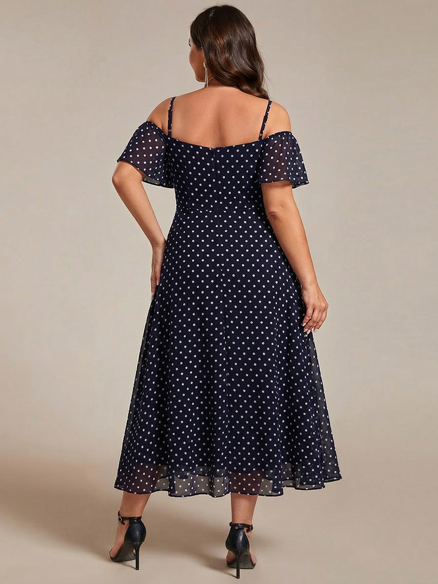 Spaghetti Strap Cold Shoulder Chiffon A-Line Midi Wedding Guest Dress #color_Navy Blue Polka Dots