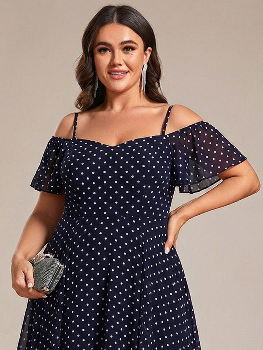 Spaghetti Strap Cold Shoulder Chiffon A-Line Midi Wedding Guest Dress #color_Navy Blue Polka Dots