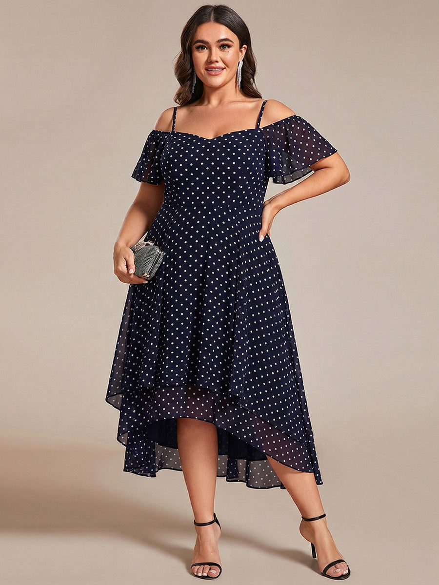 Spaghetti Strap Cold Shoulder Chiffon A-Line Midi Wedding Guest Dress #color_Navy Blue Polka Dots