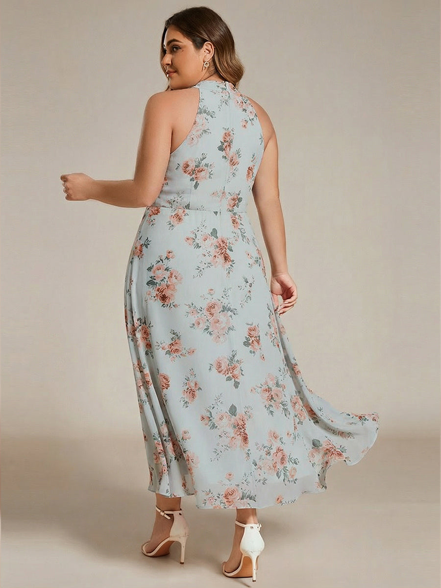 Midi Halter Neck Chiffon Wedding Guest Dress with Sleeveless and A-Line #color_Amber Bloom