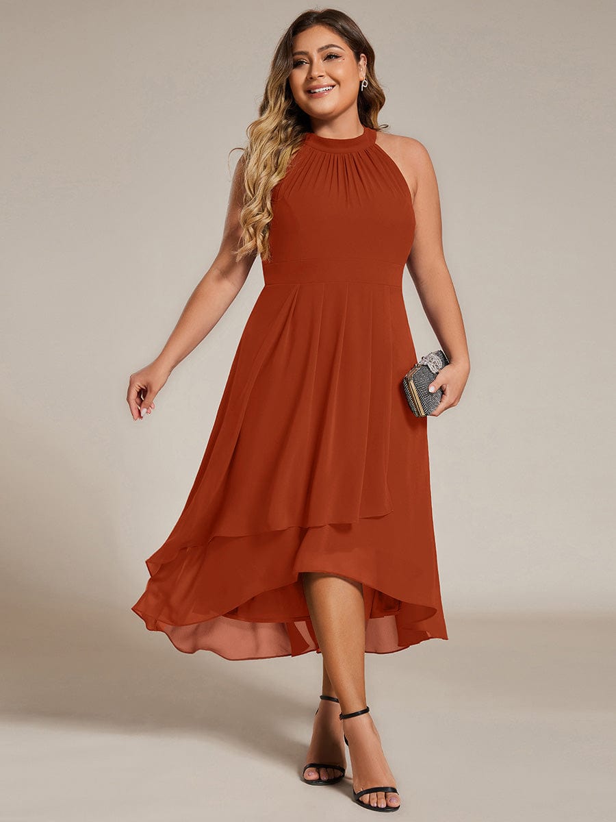 Flowy Plus Size Halter Neck Chiffon Midi Wedding Guest Dress #color_Burnt Orange