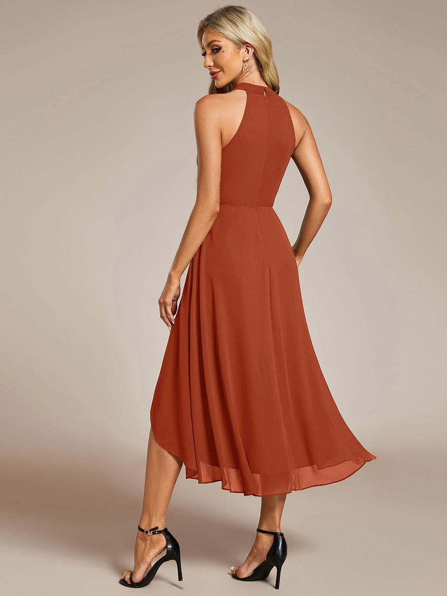 Midi Halter Neck Chiffon Wedding Guest Dress with Sleeveless and A-Line #color_Burnt Orange