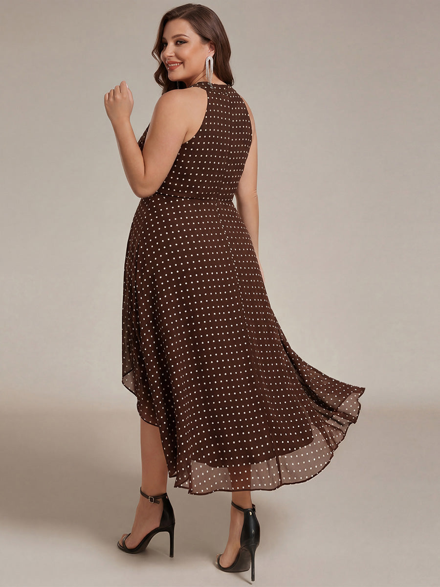 Flowy Plus Size Halter Neck Chiffon Midi Wedding Guest Dress #color_Brown Polka Dots