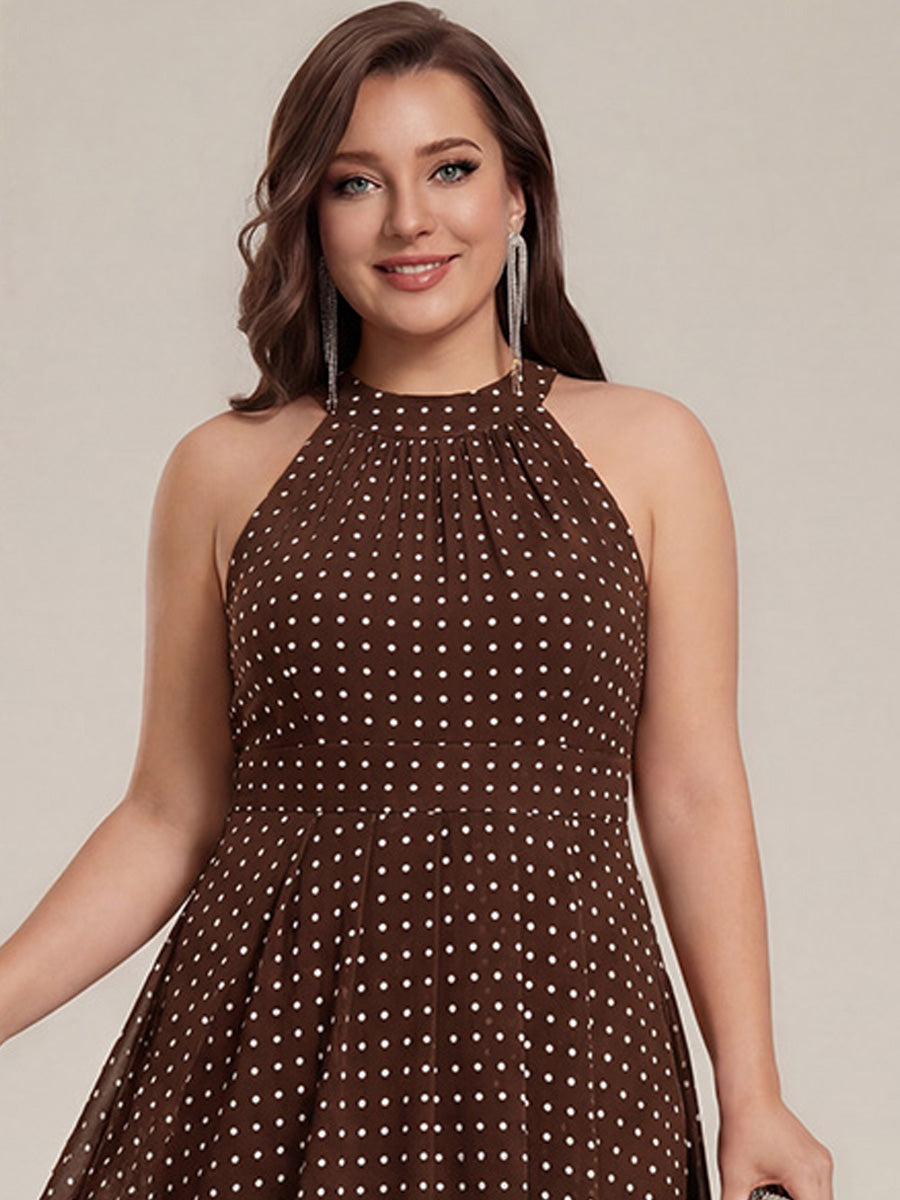 Flowy Plus Size Halter Neck Chiffon Midi Wedding Guest Dress #color_Brown Polka Dots