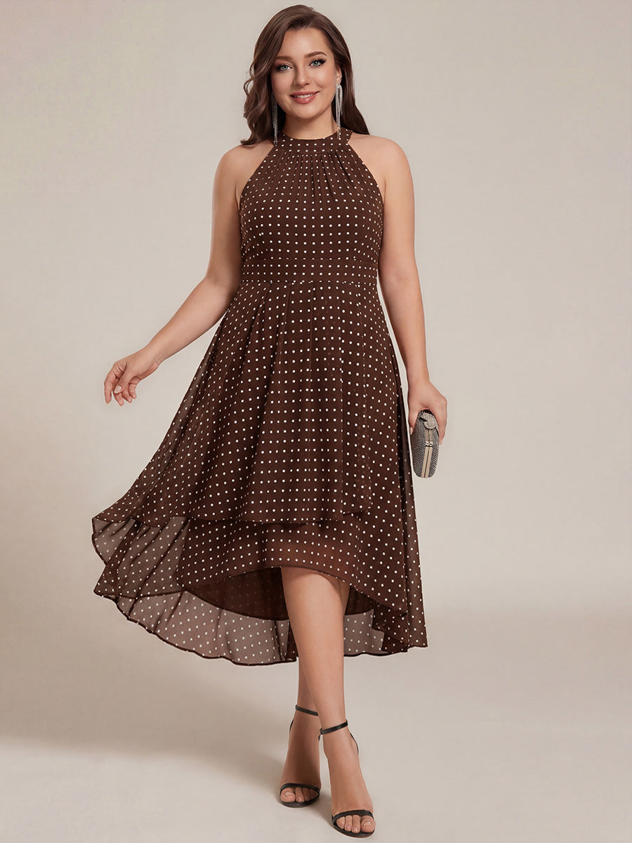 Gathered Chiffon Sleeveless Wedding Guest Dress #color_Brown Polka Dots
