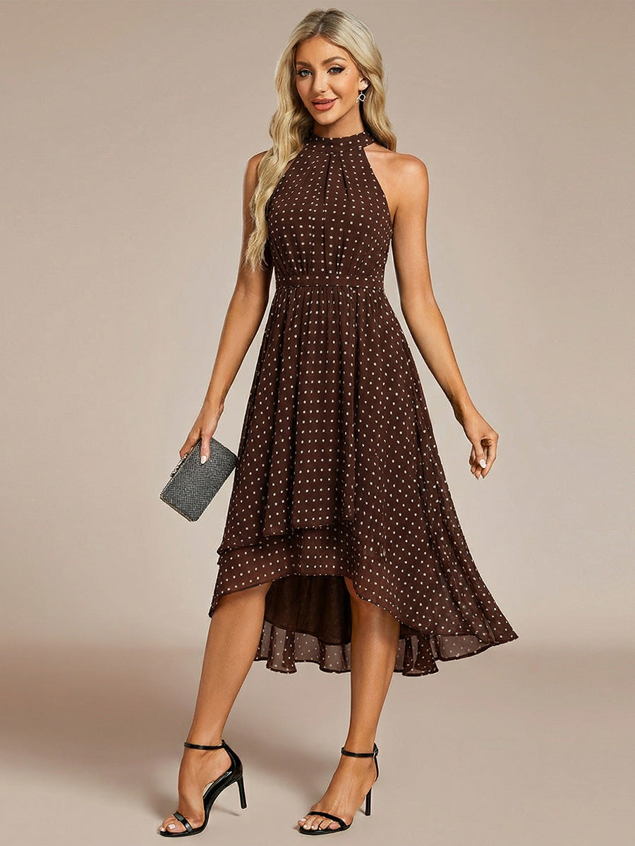 Gathered Chiffon Sleeveless Wedding Guest Dress #color_Brown Polka Dots