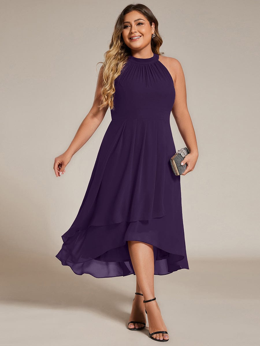 Midi Halter Neck Chiffon Wedding Guest Dress with Sleeveless and A-Line #color_Dark Purple