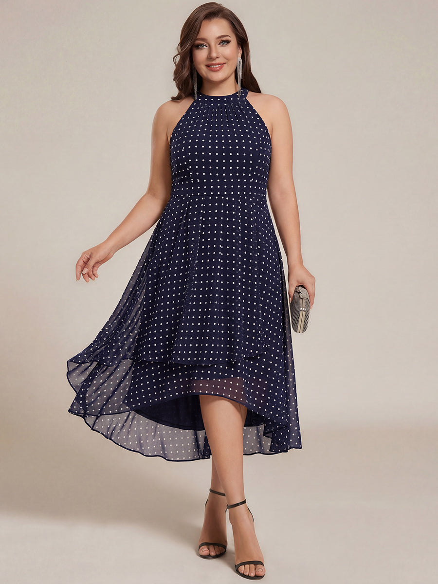 Flowy Plus Size Halter Neck Chiffon Midi Wedding Guest Dress #color_Navy Blue Polka Dots