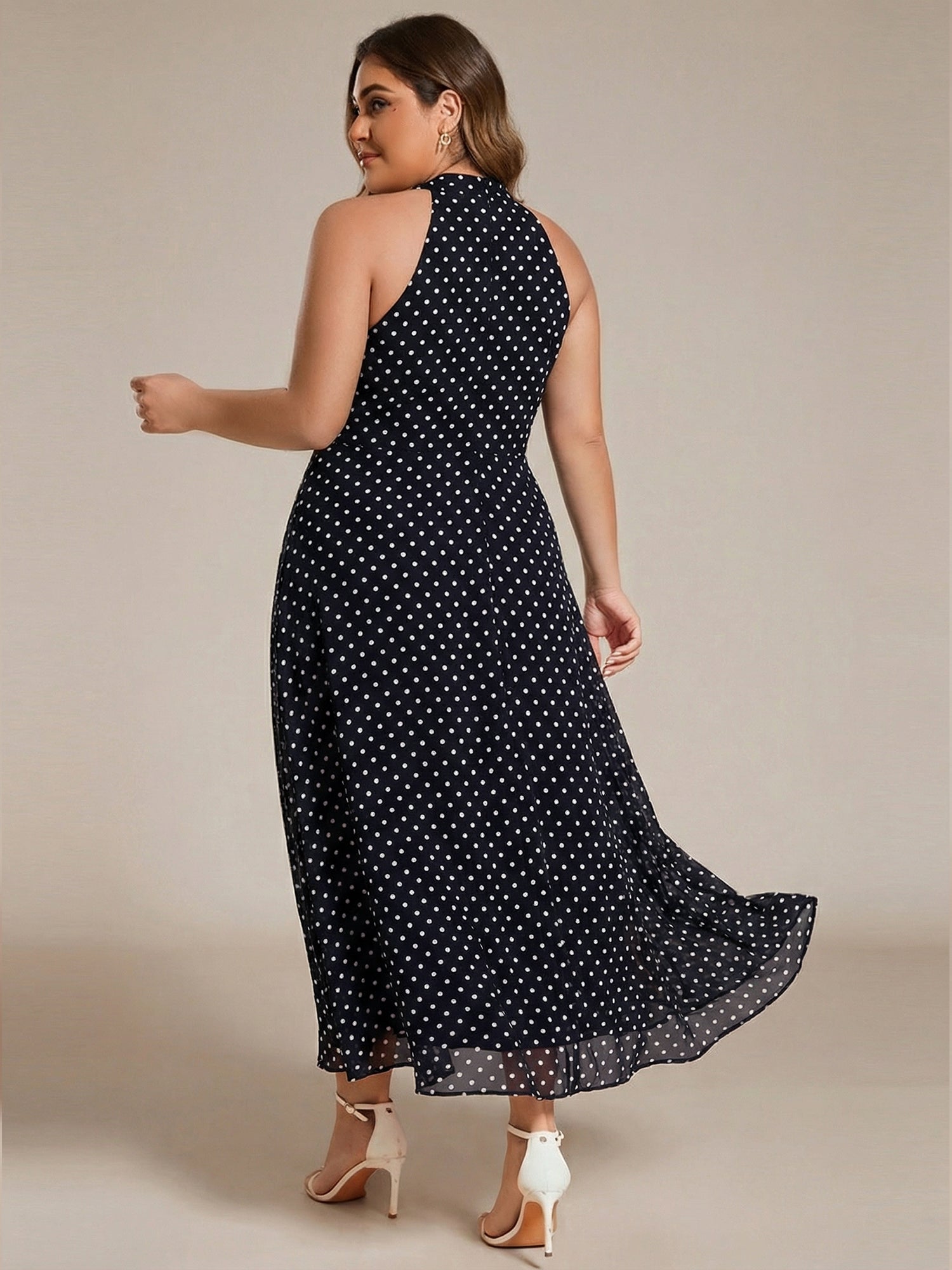 Midi Halter Neck Chiffon Wedding Guest Dress with Sleeveless and A-Line #color_Navy Blue Polka Dots