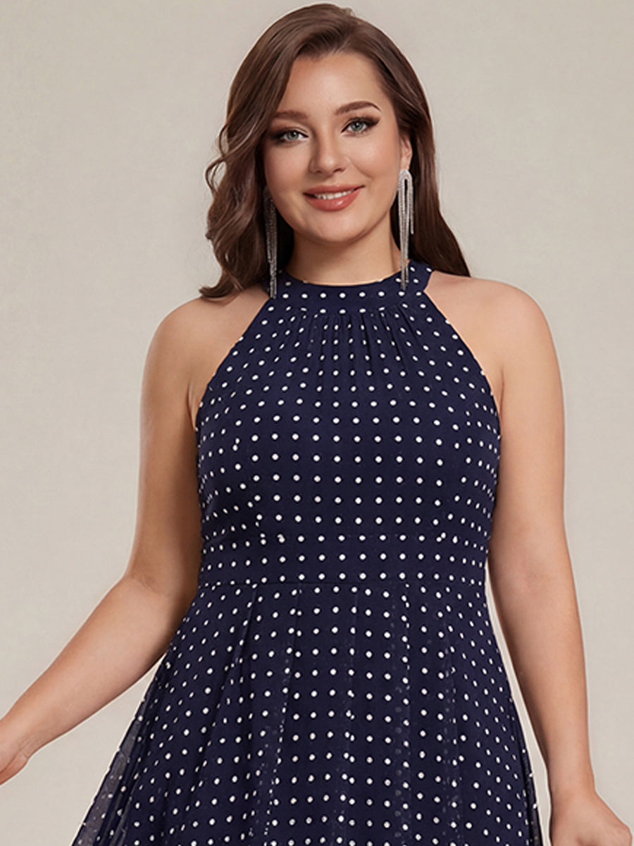 Flowy Plus Size Halter Neck Chiffon Midi Wedding Guest Dress #color_Navy Blue Polka Dots