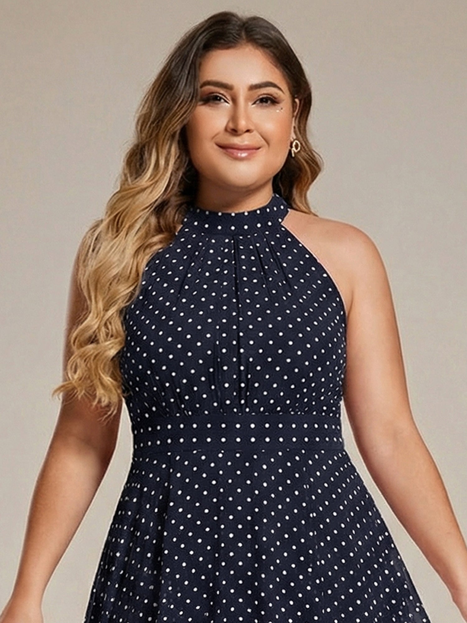 Midi Halter Neck Chiffon Wedding Guest Dress with Sleeveless and A-Line #color_Navy Blue Polka Dots