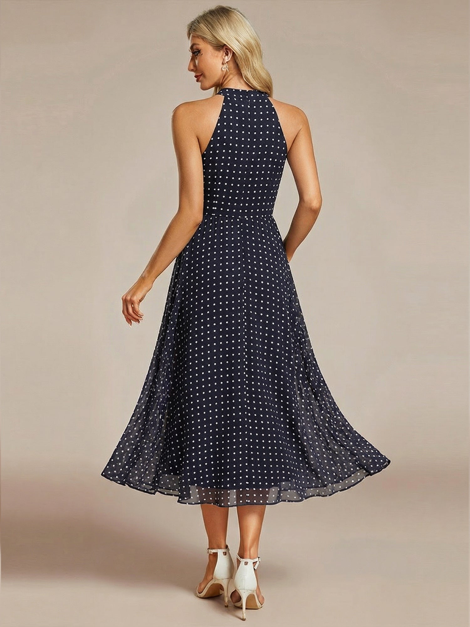 Midi Halter Neck Chiffon Wedding Guest Dress with Sleeveless and A-Line #color_Navy Blue Polka Dots