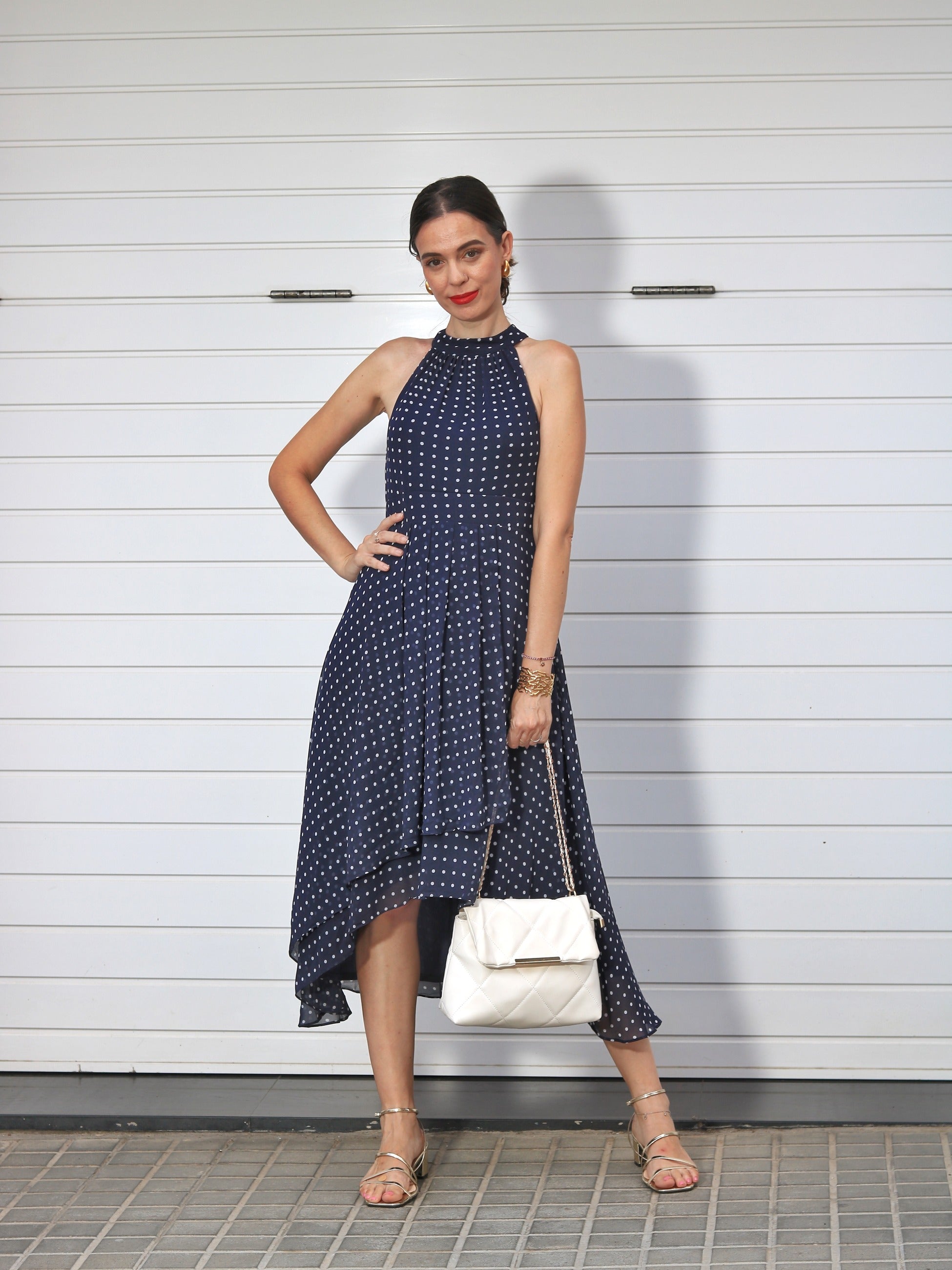Midi Halter Neck Chiffon Wedding Guest Dress with Sleeveless and A-Line #color_Navy Blue Polka Dots