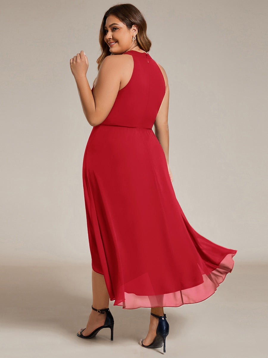 Flowy Plus Size Halter Neck Chiffon Midi Wedding Guest Dress #color_Red