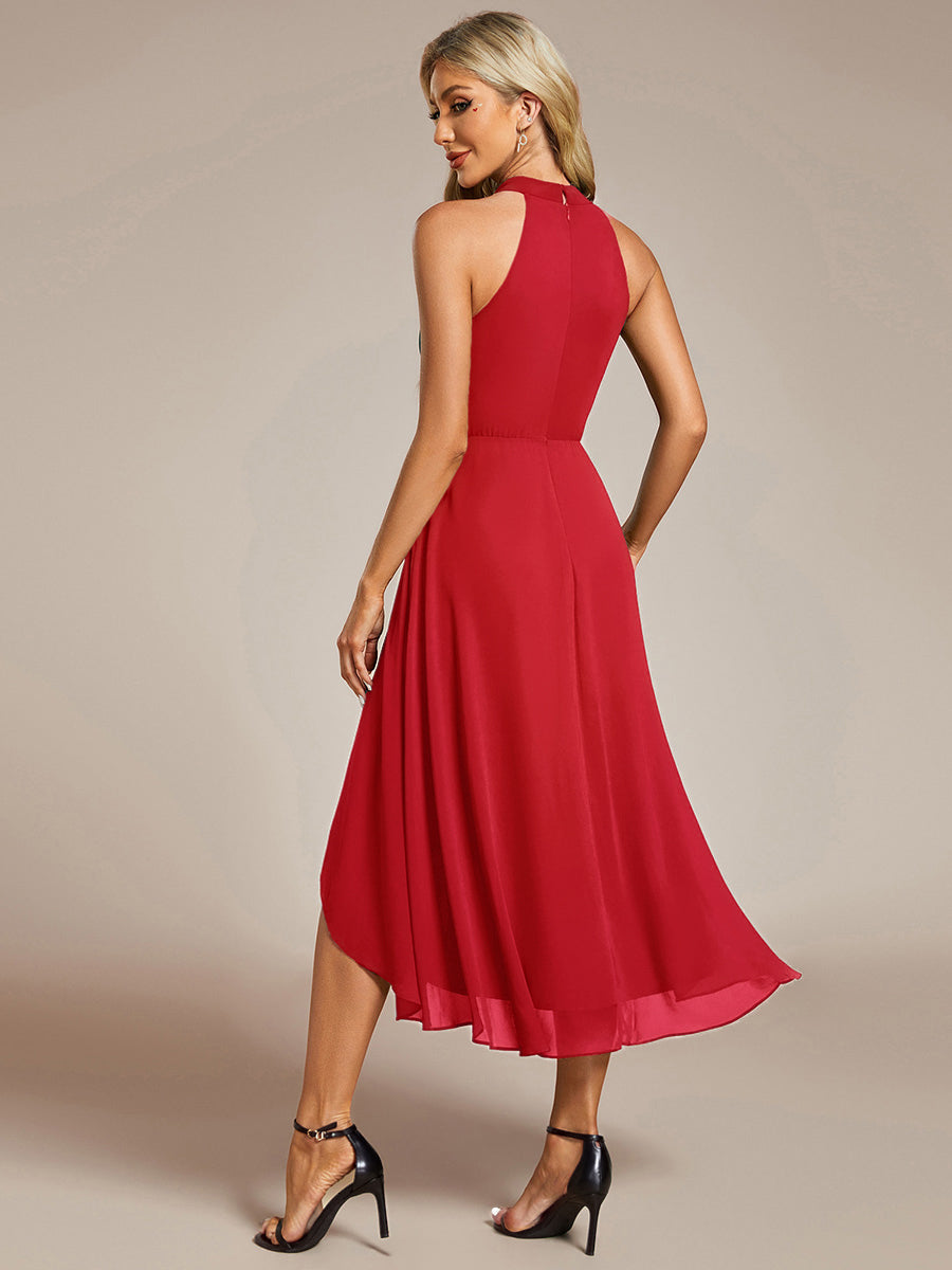 Midi Halter Neck Chiffon Wedding Guest Dress with Sleeveless and A-Line #color_Red
