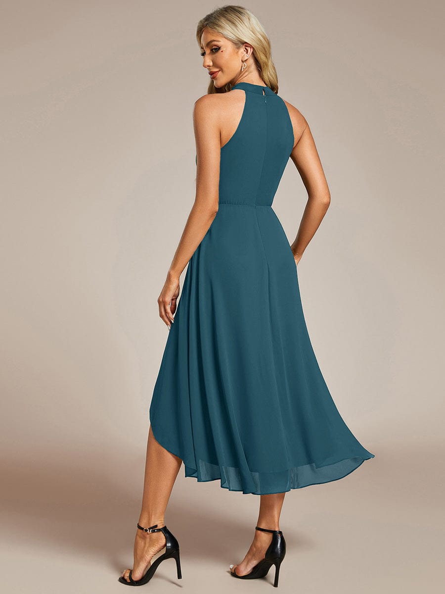 Midi Halter Neck Chiffon Wedding Guest Dress with Sleeveless and A-Line #color_Teal