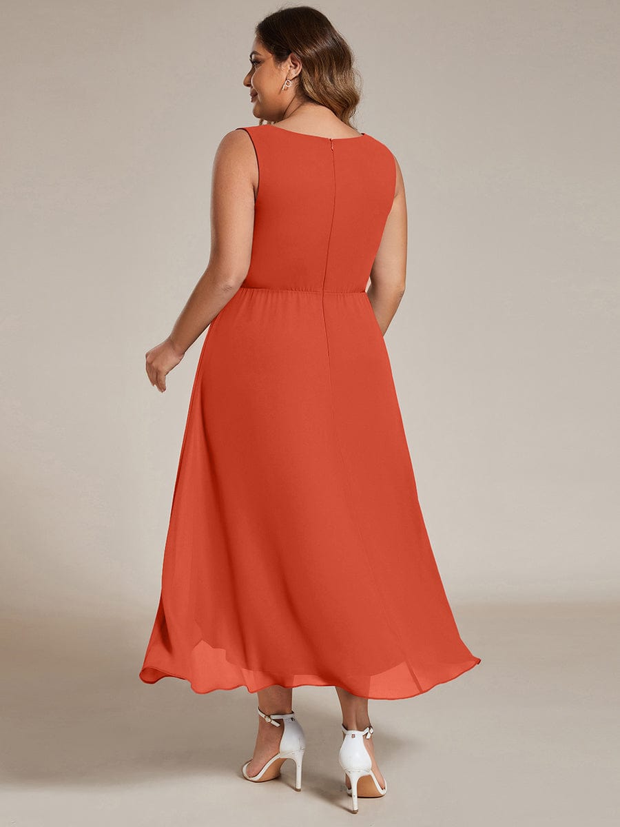 Sleeveless V-Neck High Low Wedding Guest Dress with Floral Applique #color_Burnt Orange