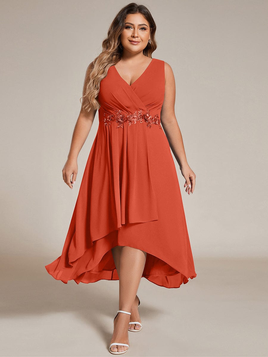 Sleeveless V-Neck High Low Wedding Guest Dress with Floral Applique #color_Burnt Orange