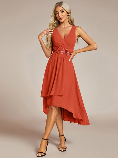 ever IRYS|Sleeveless V-Neck High Low Wedding Guest Dress with Floral Applique