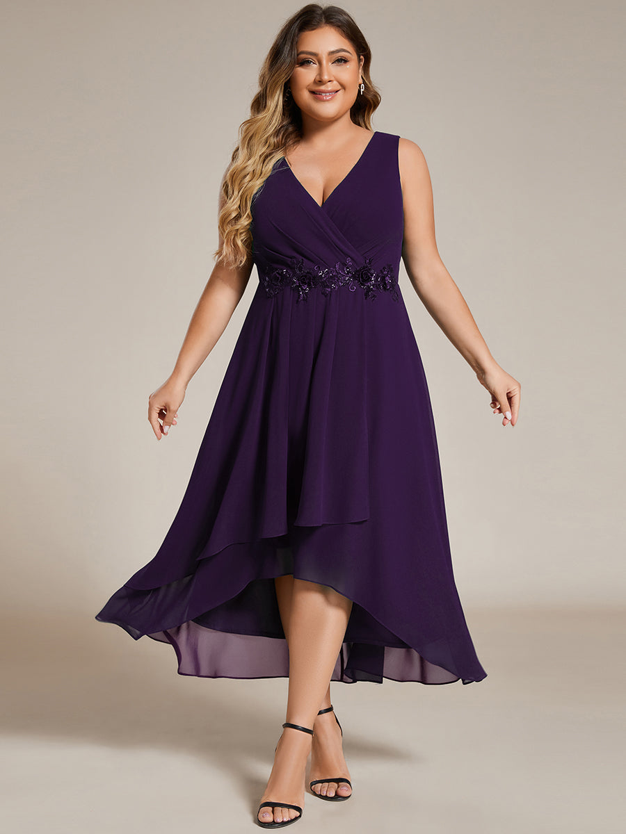 Sleeveless V-Neck High Low Wedding Guest Dress with Floral Applique #color_Dark Purple