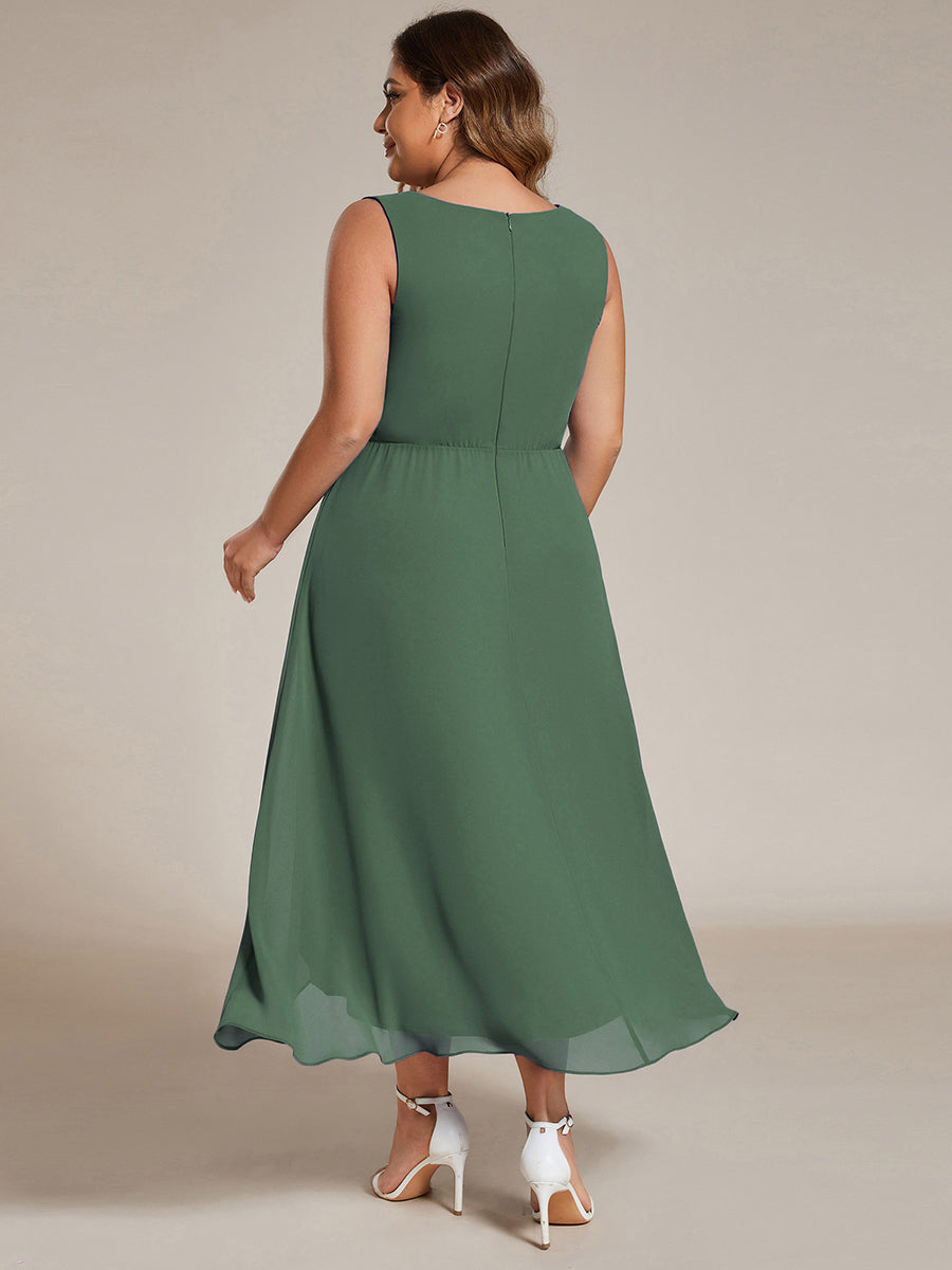 Sleeveless V-Neck High Low Wedding Guest Dress with Floral Applique #color_Eucalyptus