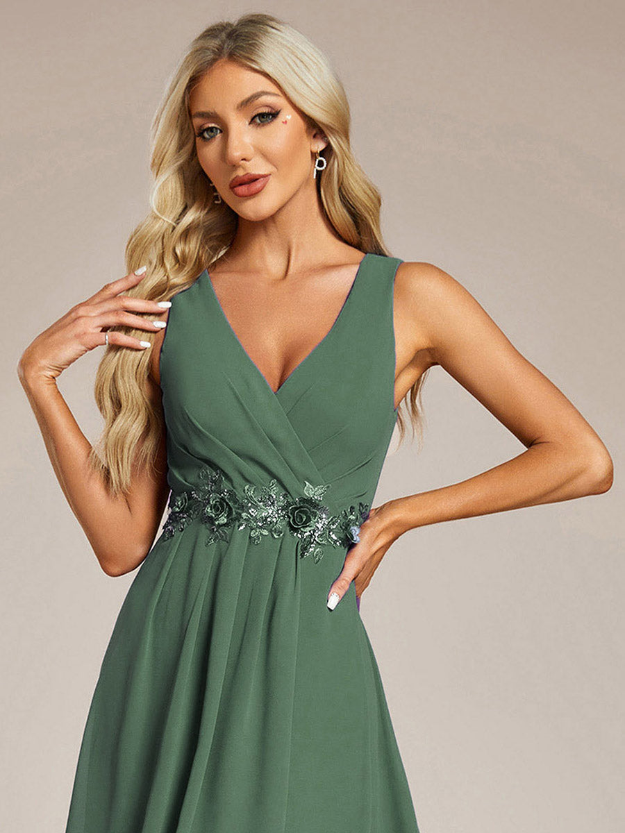 Sleeveless V-Neck High Low Wedding Guest Dress with Floral Applique #color_Eucalyptus