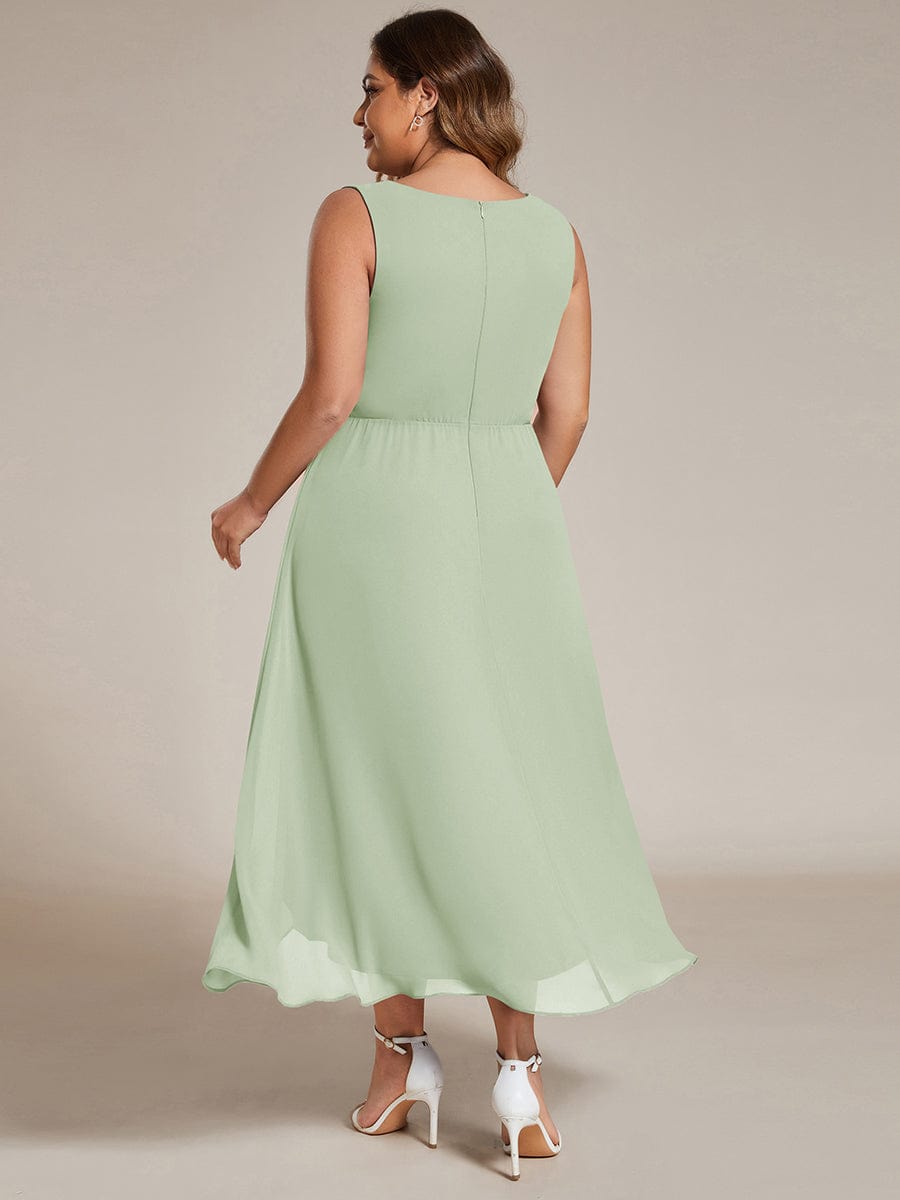 Sleeveless V-Neck High Low Wedding Guest Dress with Floral Applique #color_Mint Green