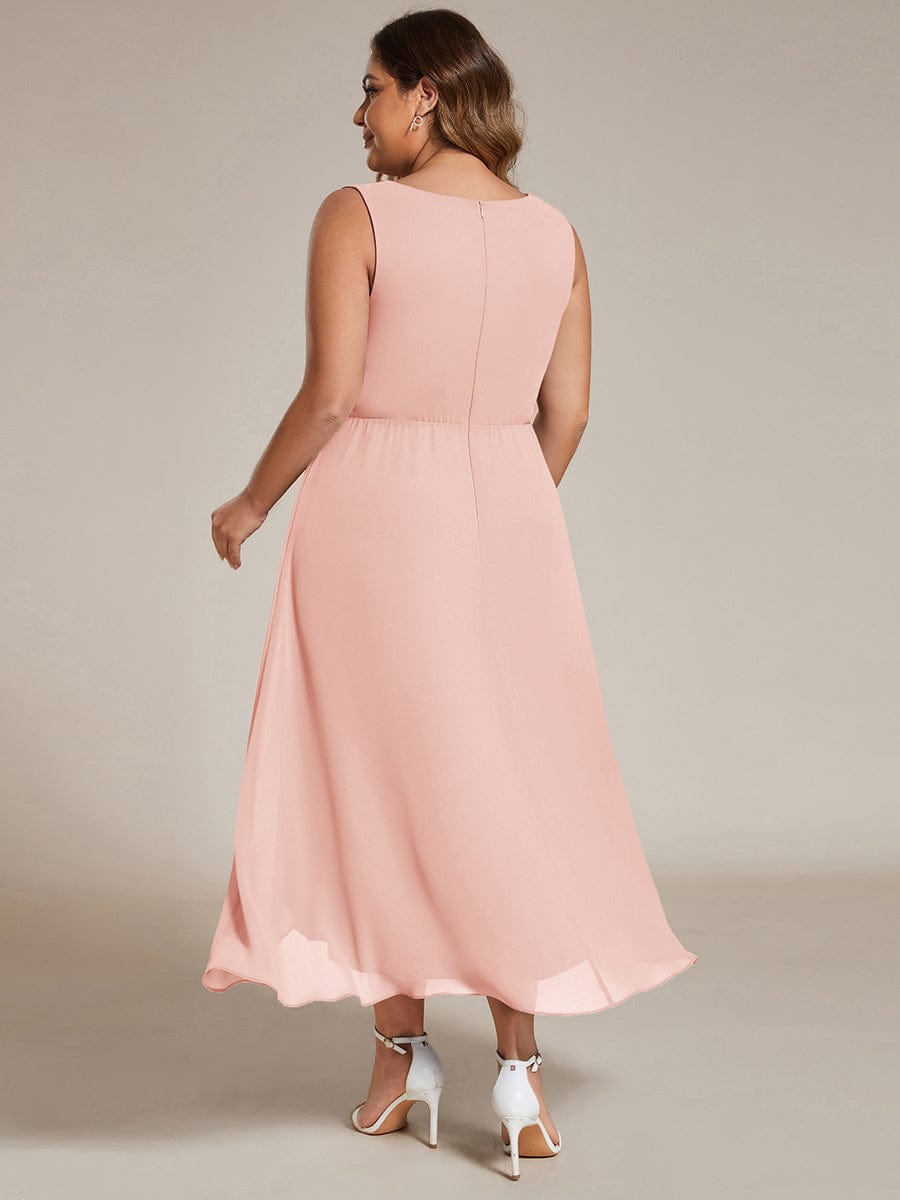 Sleeveless V-Neck High Low Wedding Guest Dress with Floral Applique #color_Pink