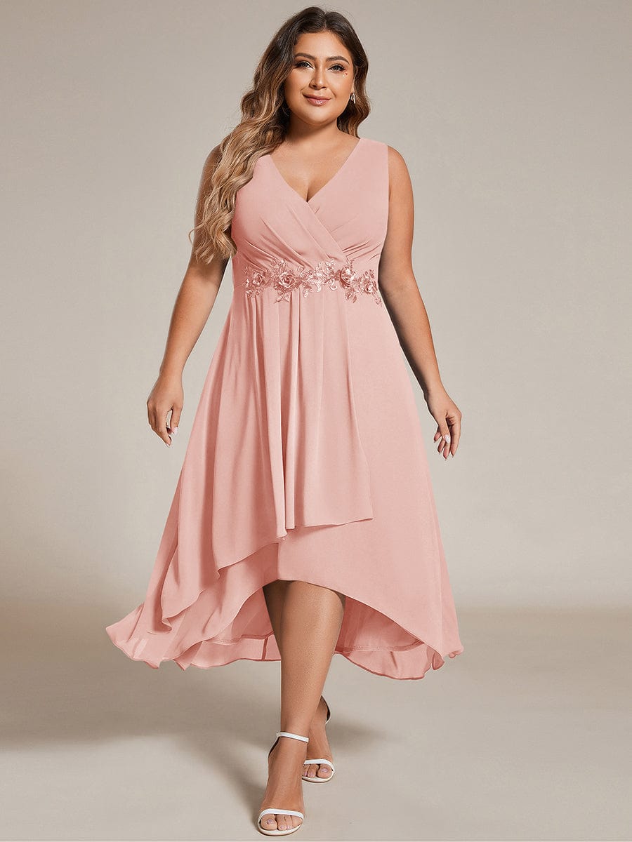 Sleeveless V-Neck High Low Wedding Guest Dress with Floral Applique #color_Pink