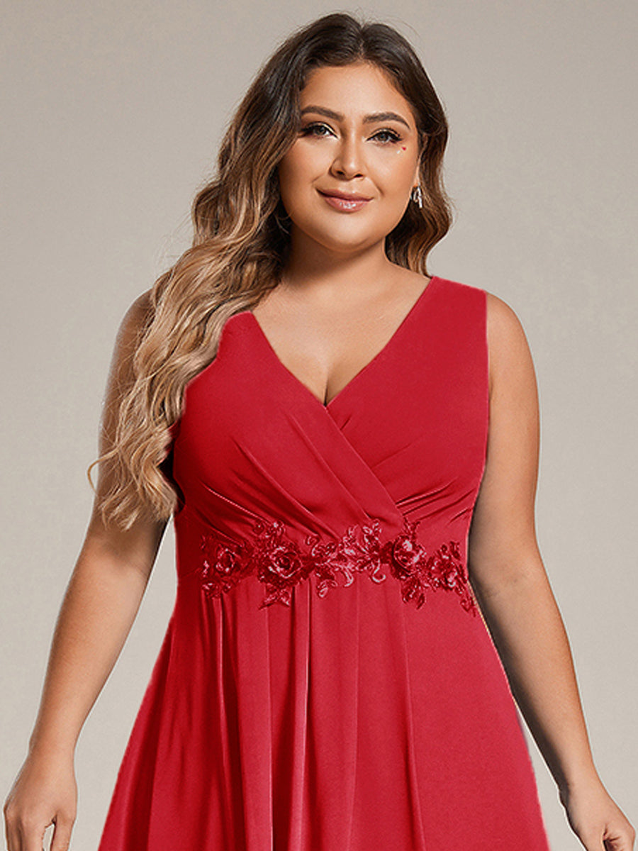 Sleeveless V-Neck High Low Wedding Guest Dress with Floral Applique #color_Red