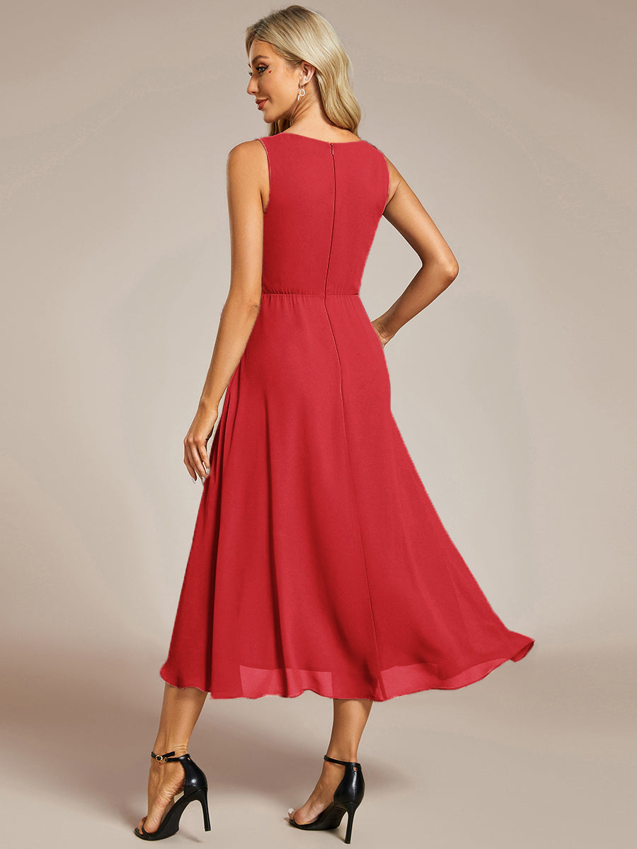 Sleeveless V-Neck High Low Wedding Guest Dress with Floral Applique #color_Red