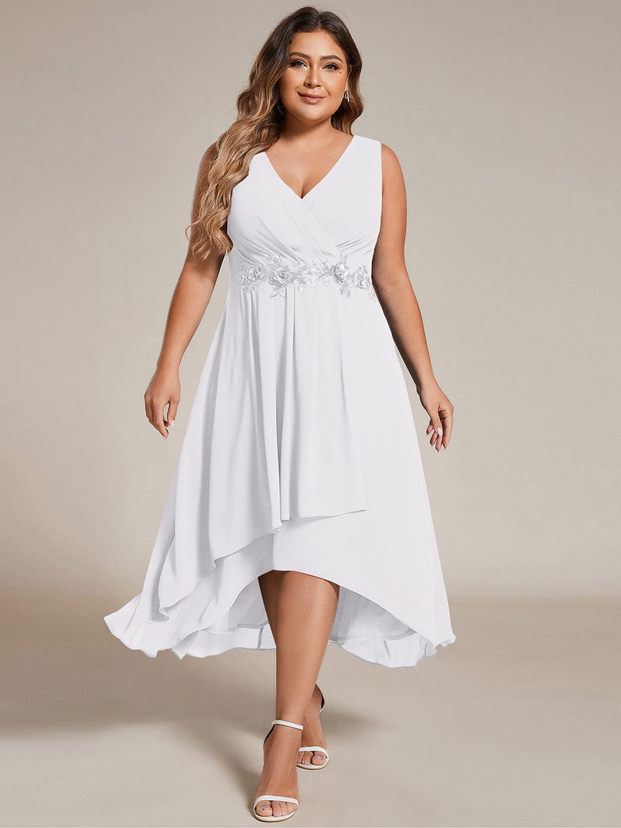 Sleeveless V-Neck High Low Wedding Guest Dress with Floral Applique #color_White