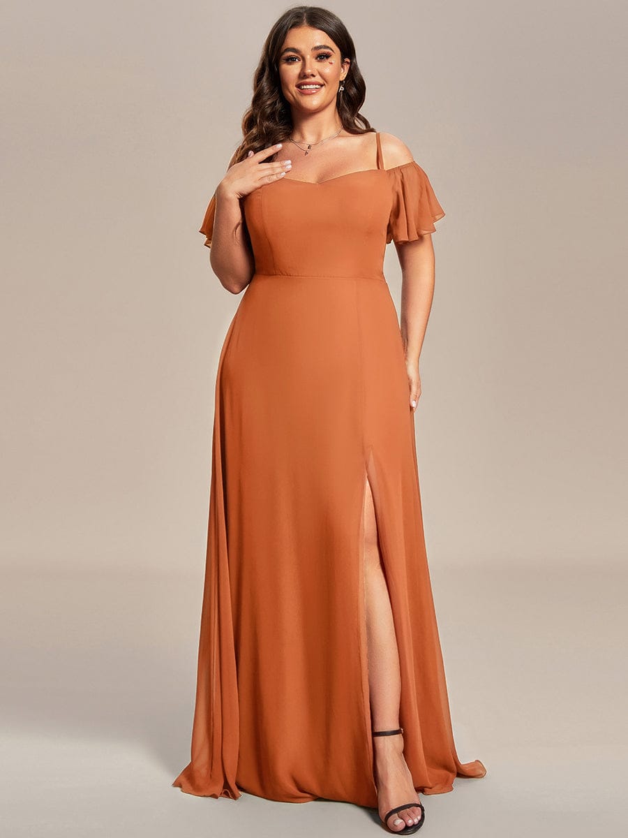 Plus Size Cold Shoulder Formal Bridesmaid Dress with Side Slit #color_Brandied Melon