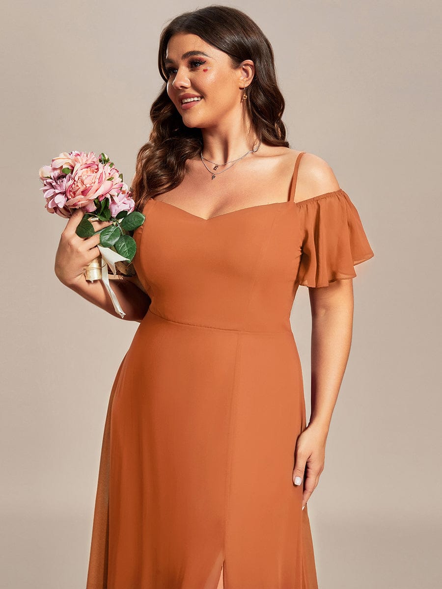Plus Size Cold Shoulder Formal Bridesmaid Dress with Side Slit #color_Brandied Melon