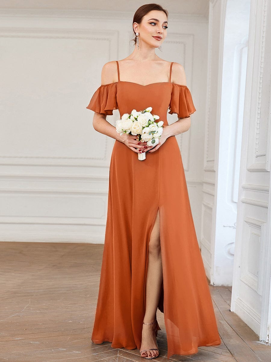 Off Shoulder High Slit Chiffon Flowy Bridesmaid Dress #color_Brandied Melon