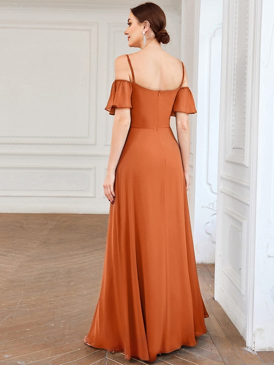 Off Shoulder High Slit Chiffon Flowy Bridesmaid Dress #color_Brandied Melon