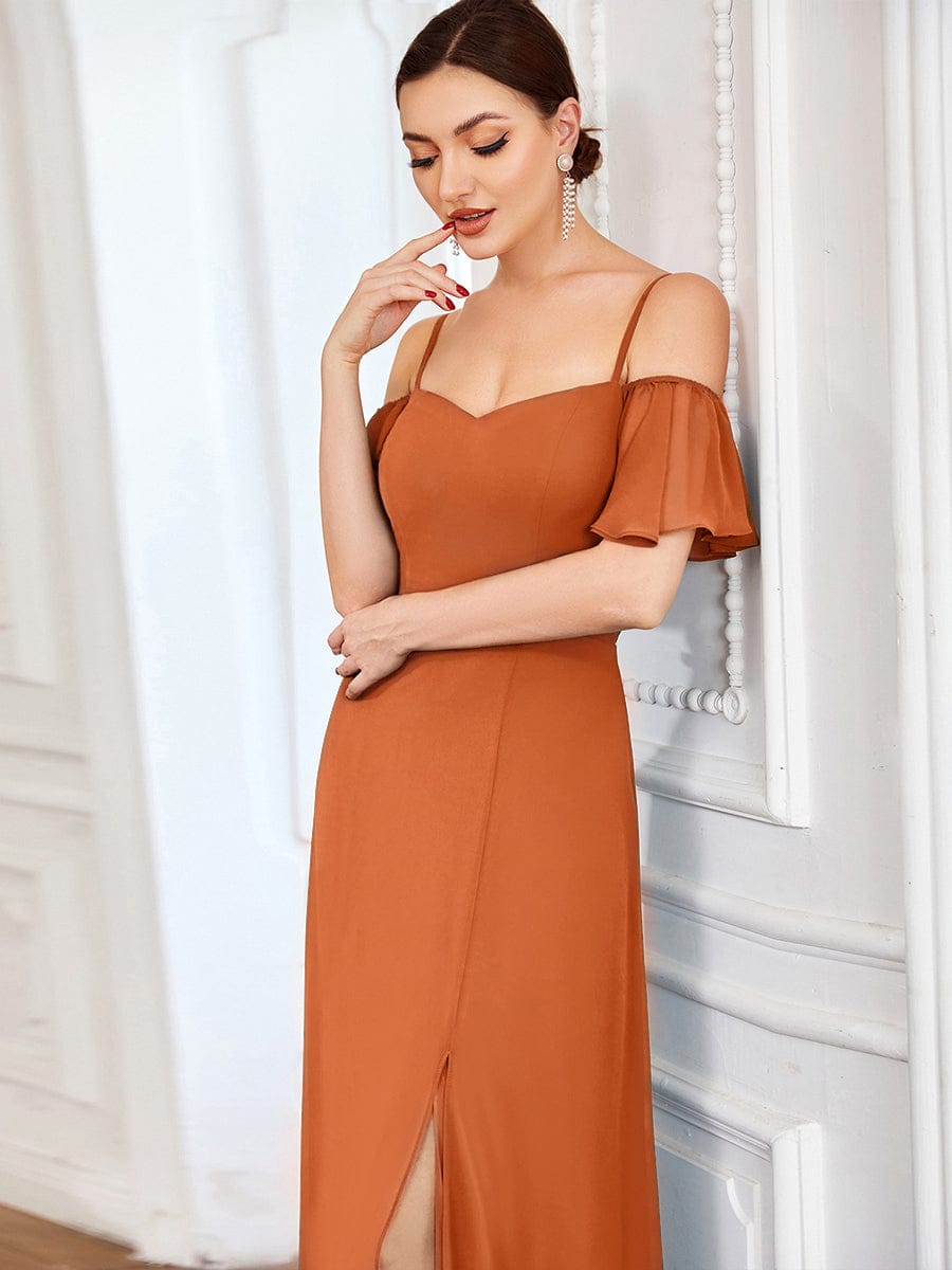 Off Shoulder High Slit Chiffon Flowy Bridesmaid Dress #color_Brandied Melon
