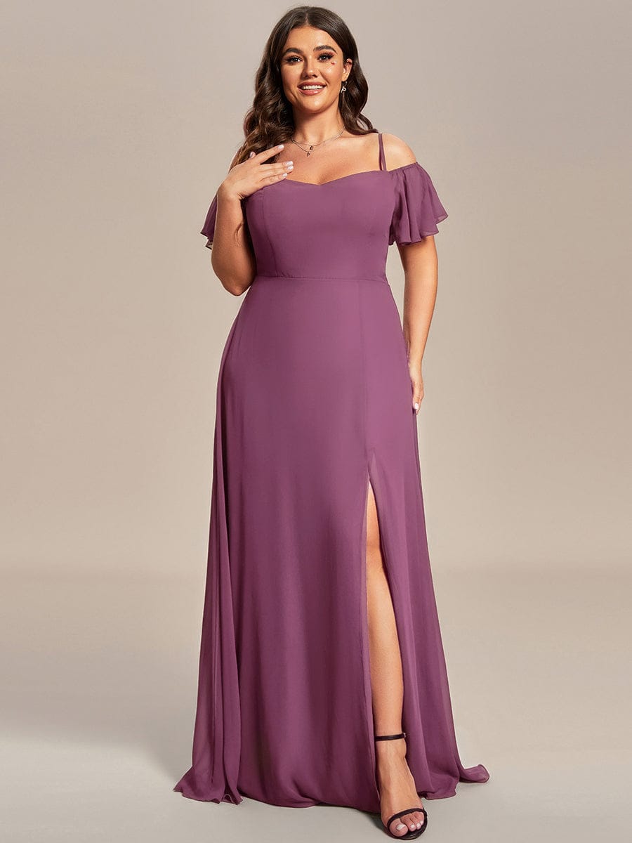 Plus Size Cold Shoulder Formal Bridesmaid Dress with Side Slit #color_Damson
