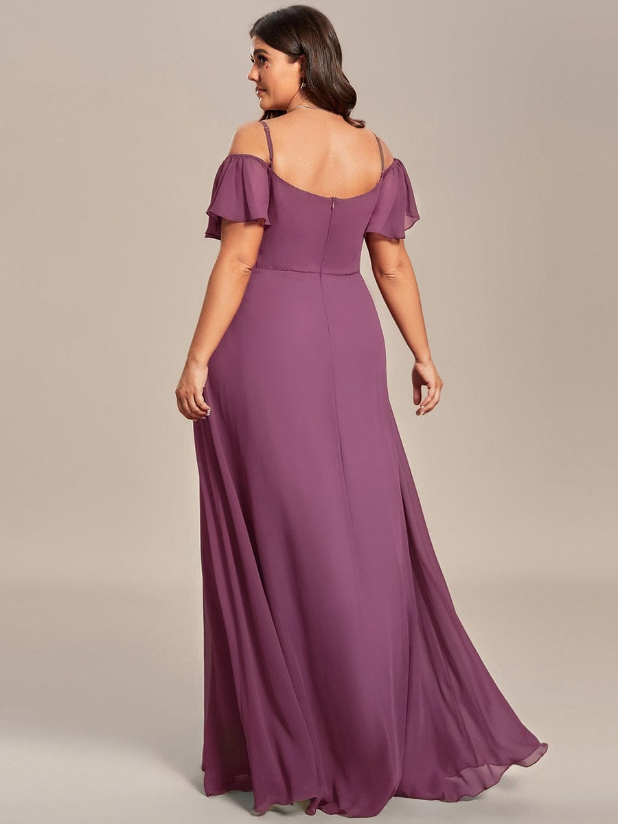 Off Shoulder High Slit Chiffon Flowy Bridesmaid Dress #color_Damson