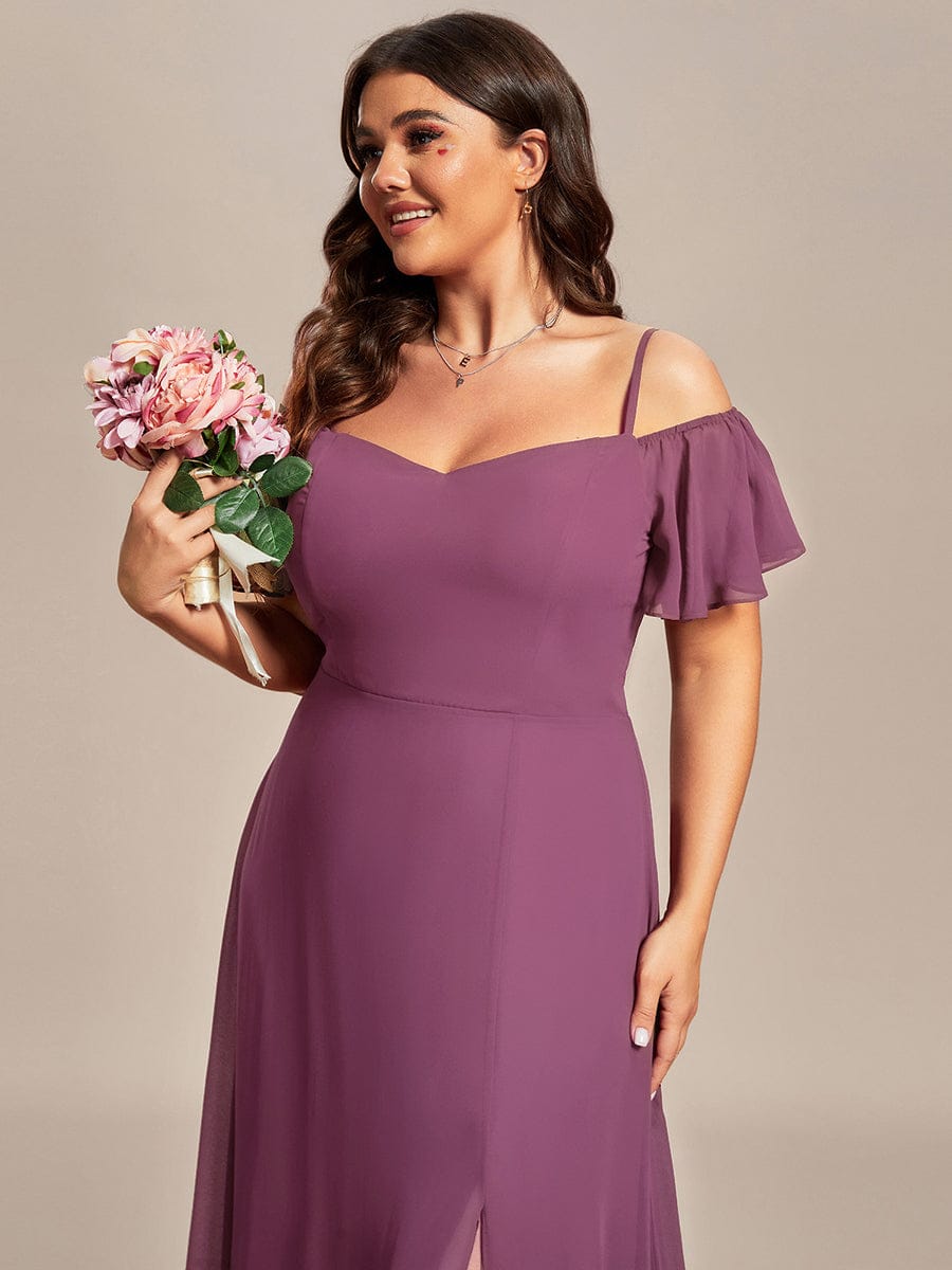 Off Shoulder High Slit Chiffon Flowy Bridesmaid Dress #color_Damson