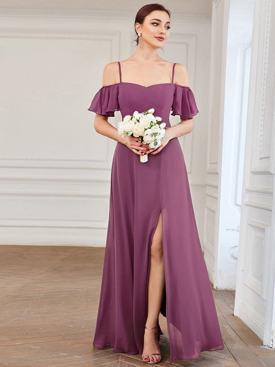 Off Shoulder High Slit Chiffon Flowy Bridesmaid Dress #color_Damson