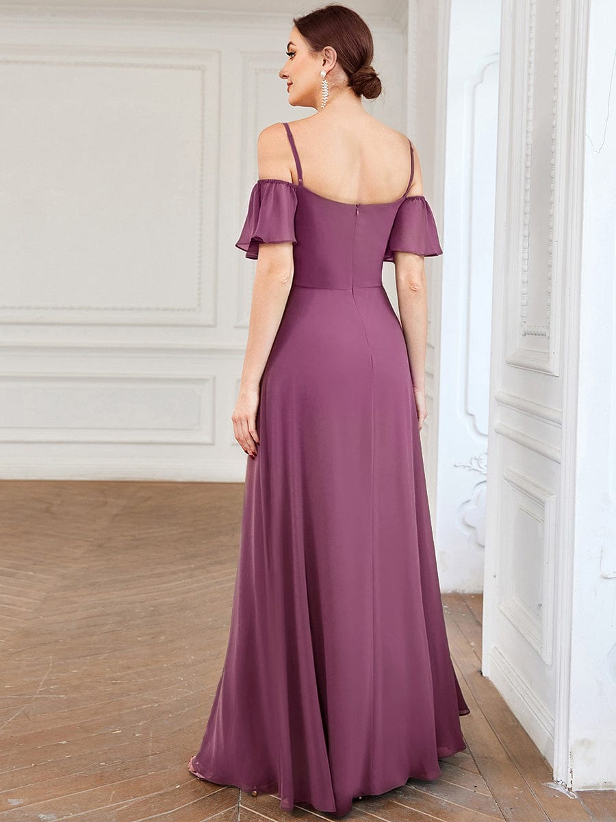 Off Shoulder High Slit Chiffon Flowy Bridesmaid Dress #color_Damson