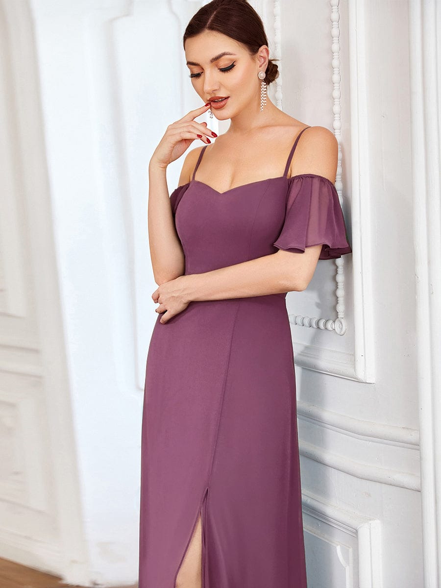 Off Shoulder High Slit Chiffon Flowy Bridesmaid Dress #color_Damson