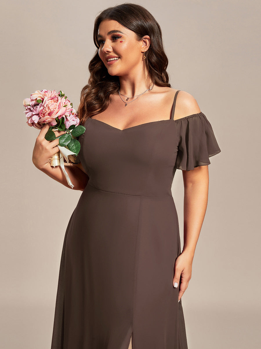 Plus Size Cold Shoulder Formal Bridesmaid Dress with Side Slit #color_Espresso